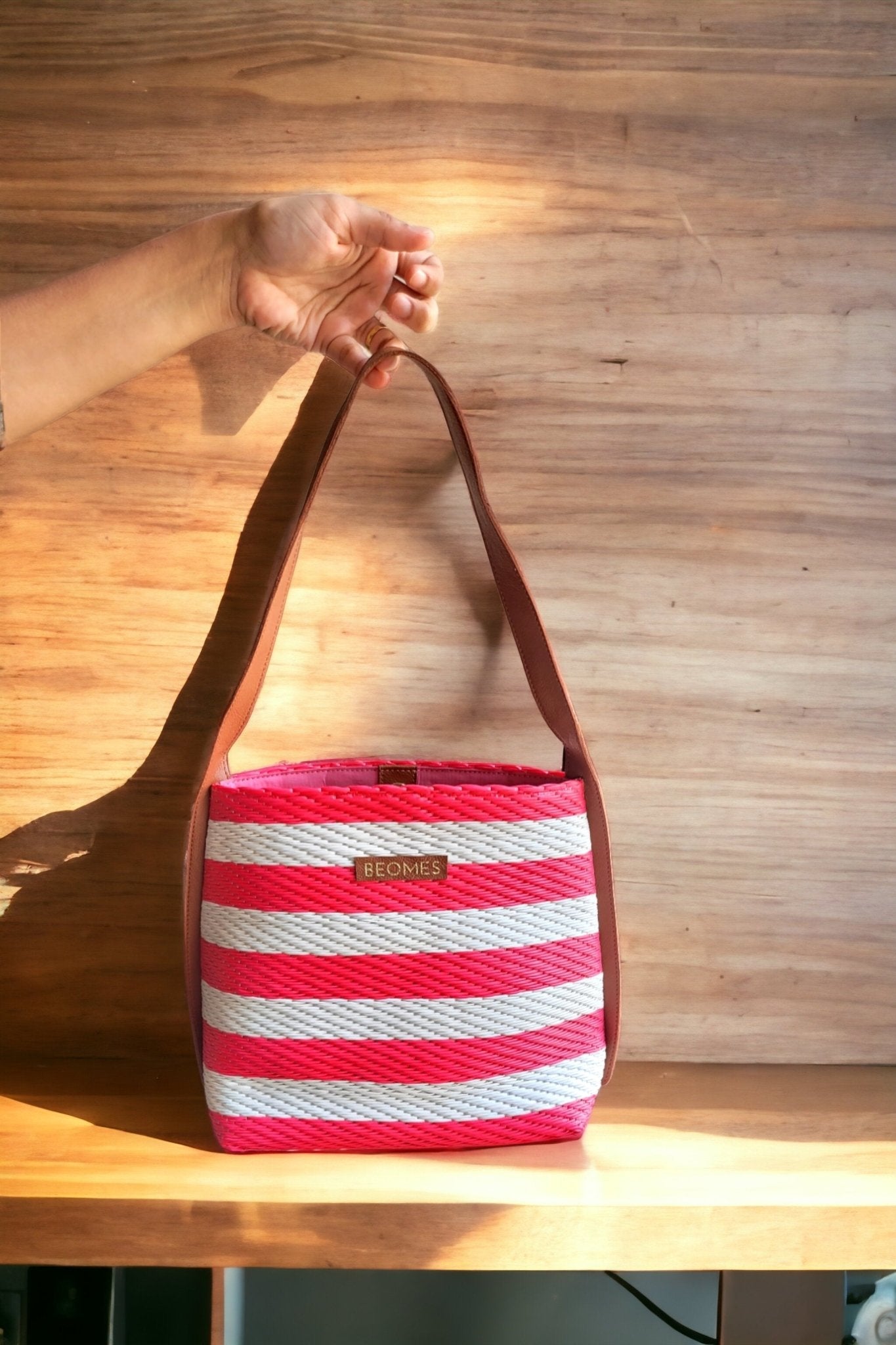 BEOMES Pearl Striped Medium Crossbody Tote Bag Pink - BEOMES DESIGNS